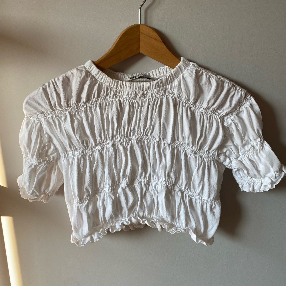 Zara White Ruched Babydoll Crop Top